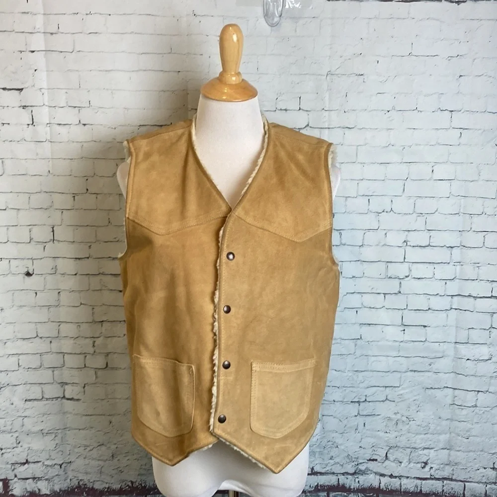 Vintage The Leather Shop Sears Suede Vest Faux Shearling Lining M Western Rodeo
